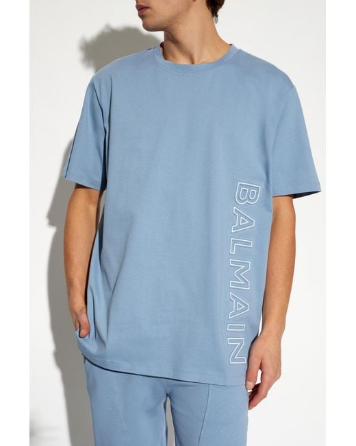 Balmain Blue Logo Embossed Crewneck T-Shirt for men