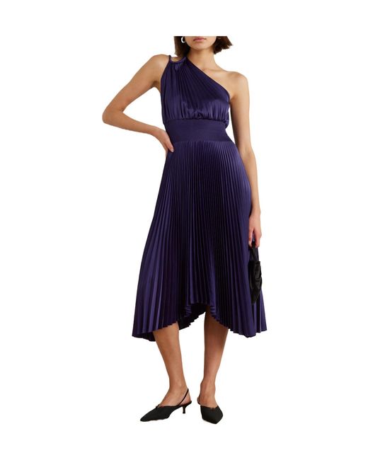 A.L.C. Blue Asymmetric Pleated Satin Midi Dress