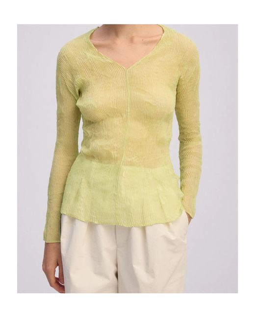 Issey Miyake Yellow Pleated V-Neck Top