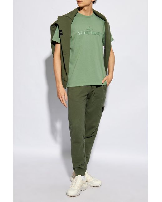 Stone Island Green Logo Printed Crewneck T-Shirt for men
