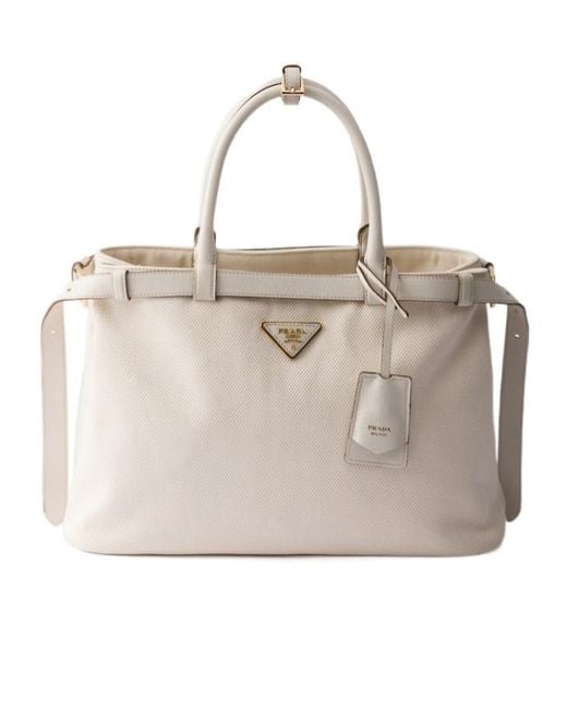 Prada Natural Logo-Plaque Medium Top Handle Bag