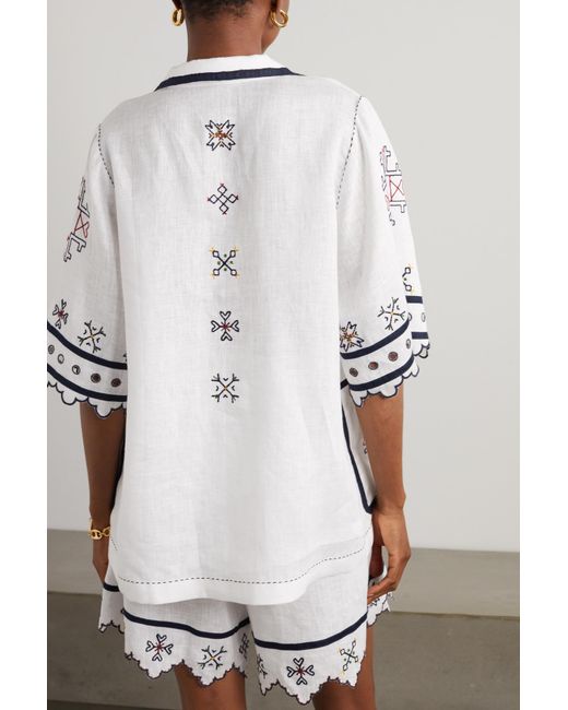 Vita Kin White Greta Broderie Anglaise-Trimmed Embroidered Linen Blouse