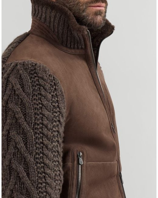 Brunello Cucinelli Brown Suede Shearling And Cashmere Knit Bomber Jacket With Thermore Padding for men