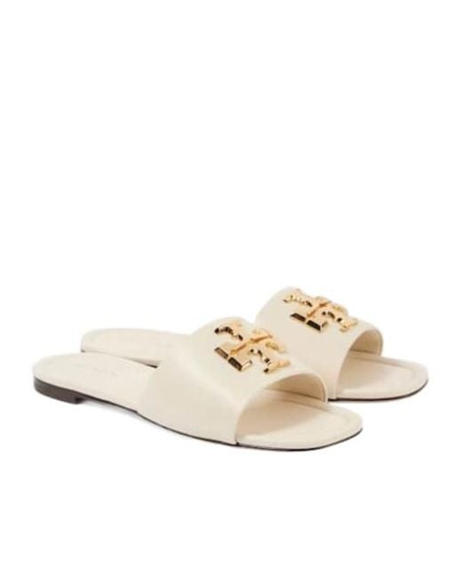 Tory Burch White Eleanor T Monogram Leather Slides