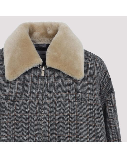 Miu Miu Gray Chevron Blouson Jacket With Shearling Collar