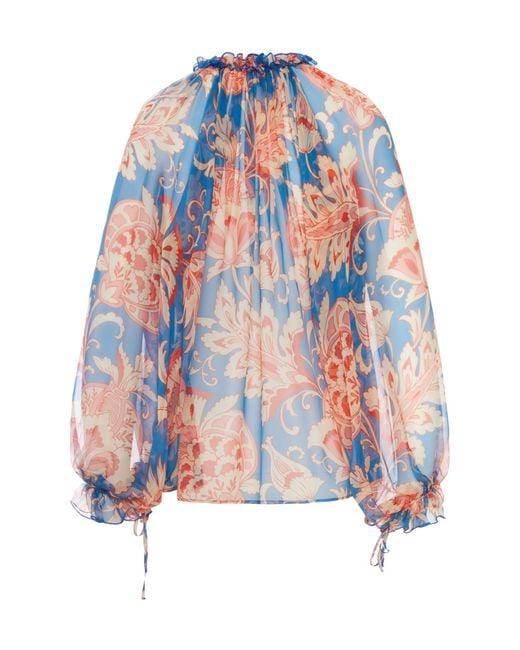 Etro Blue Silk Blouse With Floral Print