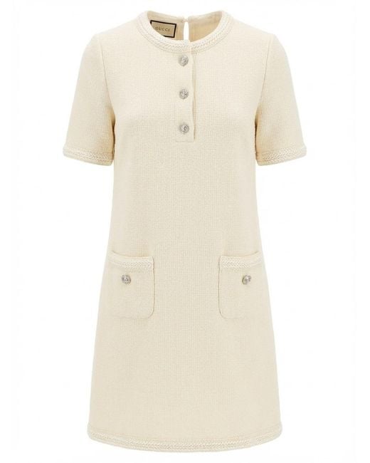 Gucci Natural Short-Sleeves Wool Tweed Dress