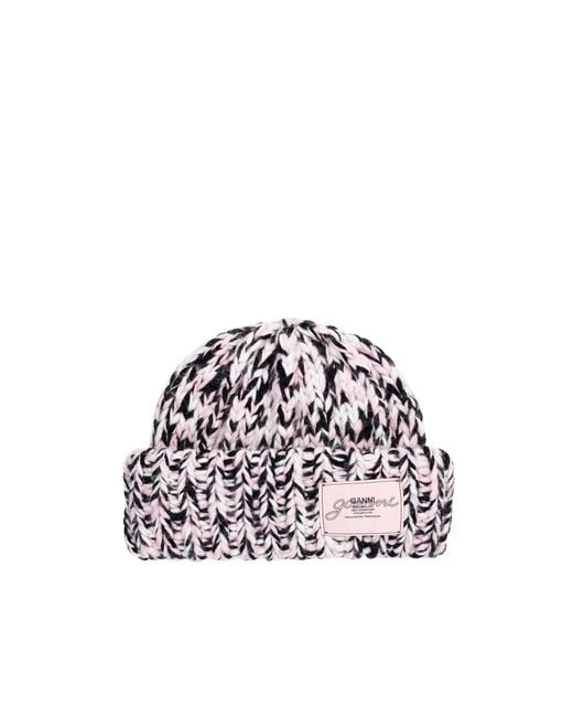 Ganni White Chunky Knit Logo Patch Beanie