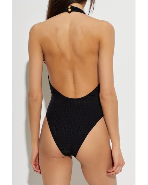 Balmain Black Plunge Monogram One-Piece Beachwear