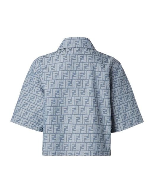 Fendi Blue Ff Chambray Zipped Cropped Jacket