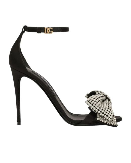 Dolce & Gabbana Black Satin Rhinestone-Embellished Bow Sandals