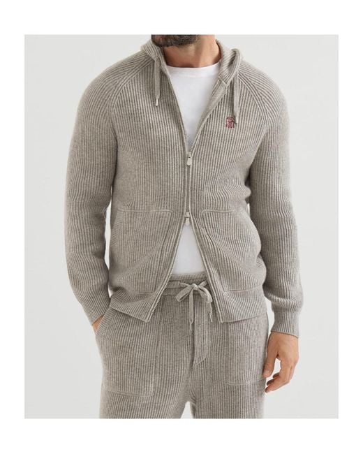 Brunello Cucinelli Gray Cashmere English Rib Hooded Knit Sweatshirt With Logo And Zipper for men