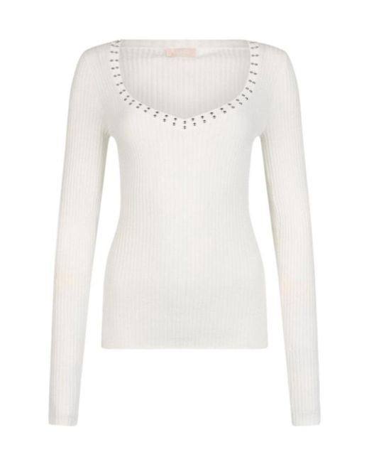 Liu Jo White V-Neck Studded Top