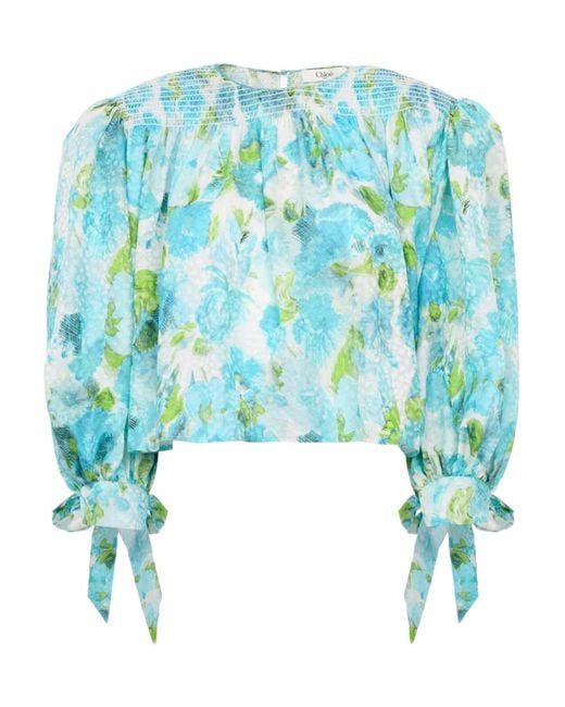 Chloé Blue Chloé Smocked Floral Tie-Sleeve Top