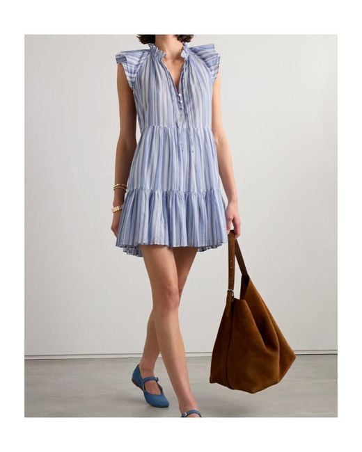 Veronica Beard Blue Zee Tiered Striped Cotton Mini Dress