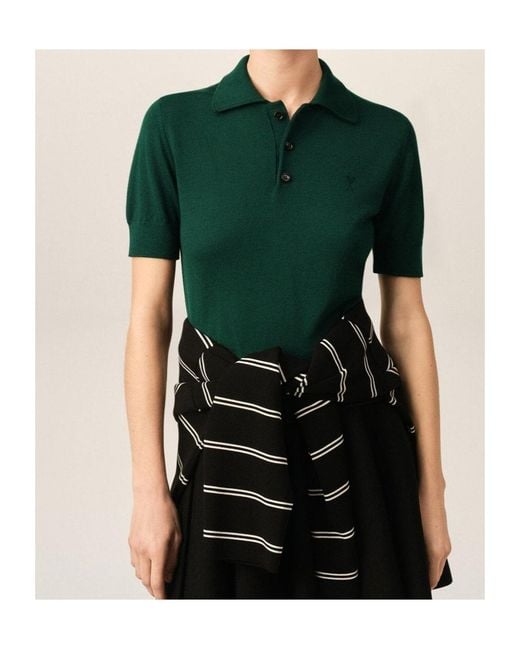 AMI Green Short-Sleeved Wool Knit Polo Shirt