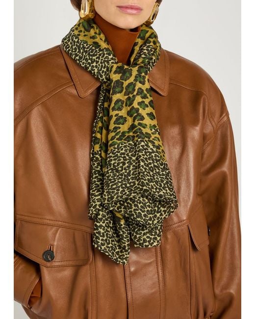 Saint Laurent Green Leopard-Print Silk Scarf