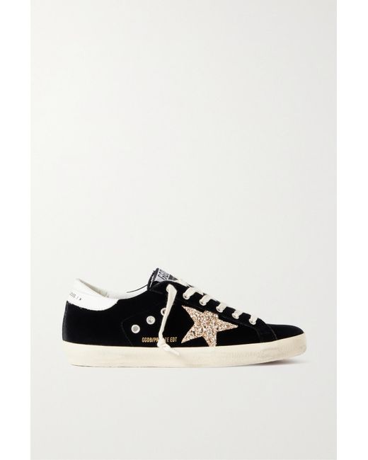 Golden Goose Deluxe Brand Black Super-Star Eyelet-Embellished Distressed Glittered Leather And Velvet Sneakers