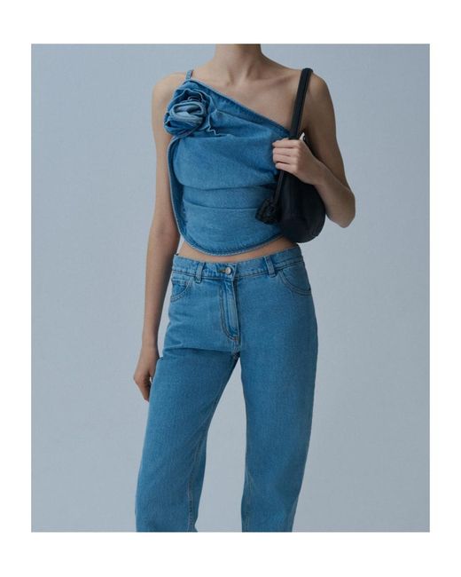 Magda Butrym Blue One-Shoulder Draped Denim Top