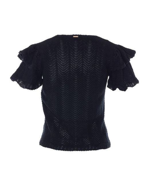 Twinset Blue Ruffled Openwork Knitted Top