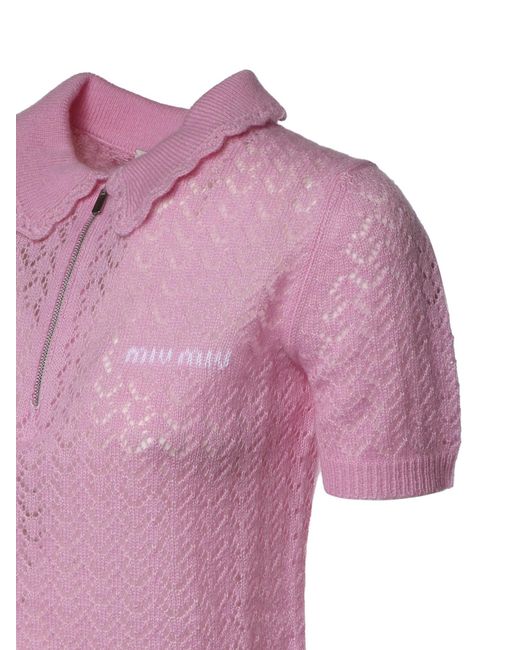 Miu Miu Pink Zipped Knitted Polo Top