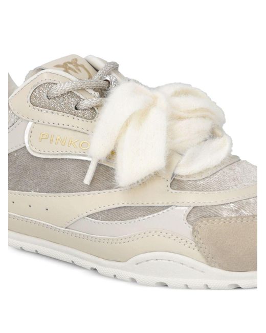 Pinko White Panelled Shearling-Trim Sneakers