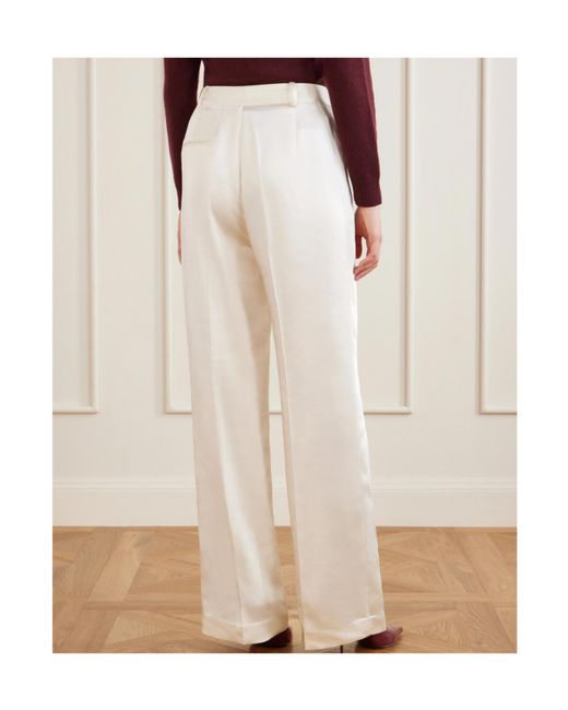 Self-Portrait White Pleated Satin-Finish Tailored Trousers