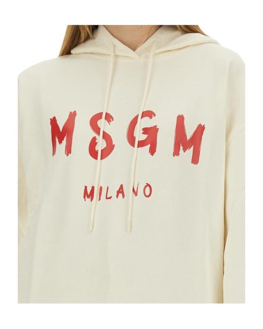 MSGM White Brushed Logo Hooded Sweatshirt