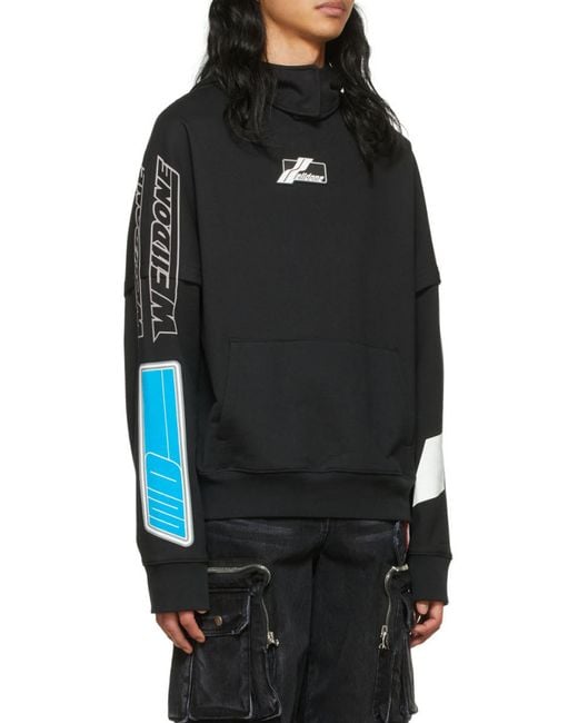 we11done Black Logo Printed Straight Hem Hoodie for men
