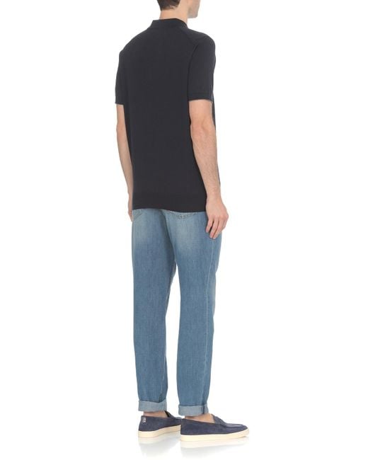 Brunello Cucinelli Blue Short Sleeved Ribbed Polo Shirt for men