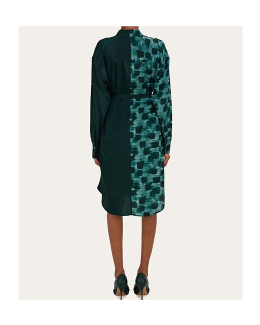 Ferragamo Green Shirt Dress With Contrasting Prints