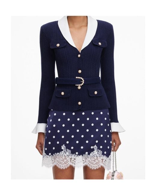 Self-Portrait Blue Ribbed Knit Cardigan