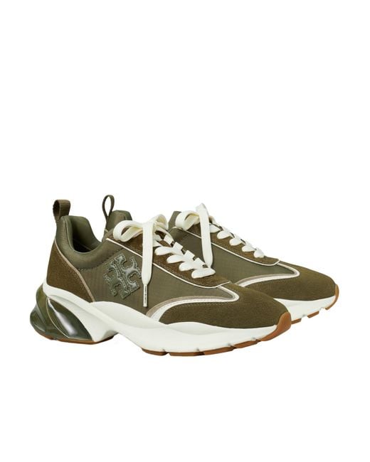 Tory Burch Green Logo-Patch Lace-Up Sneakers
