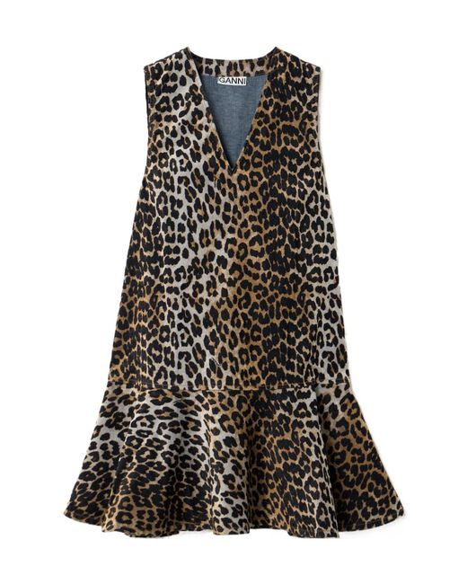 Ganni Black Ruffled Leopard-Print Flocked Recycled-Denim Mini Dress
