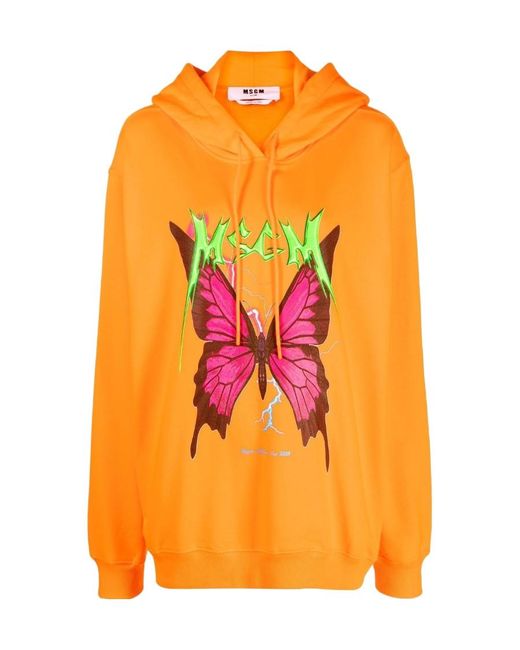 MSGM Orange Graphic-Print Cotton Hoodie