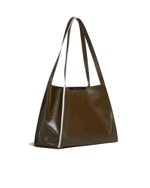 Marni Brown Deep Leather Cresta E/W Small Tote Bag