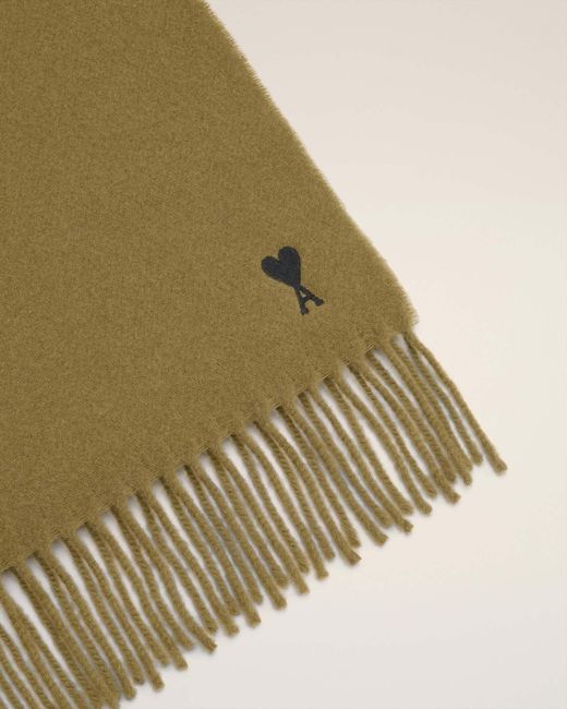 AMI Green Logo Detailed Fringed Edge Scarf for men