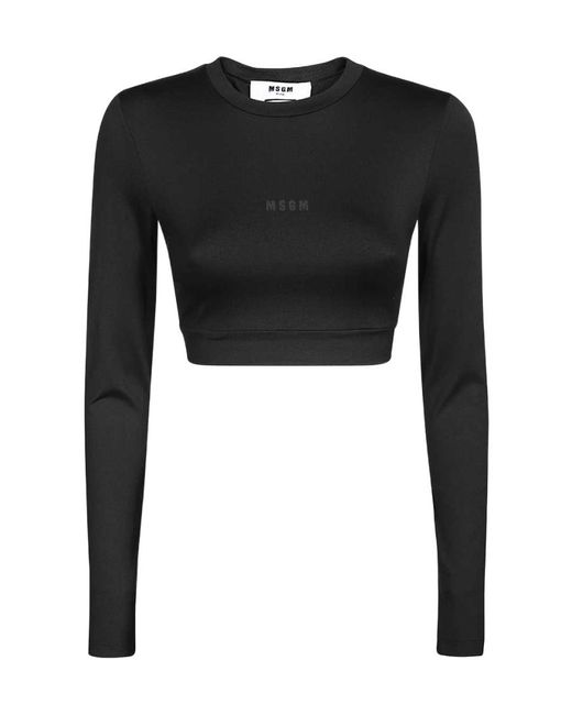 MSGM Black Logo-Printed Crewneck Cropped Top