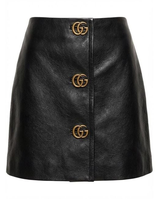 Gucci Black Gg Embellished Leather Mini Skirt