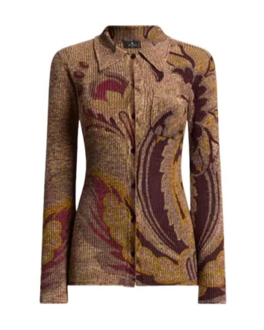 Etro Brown Daffodil Motif Ribbed Cardigan