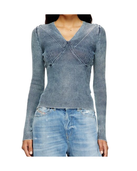 DIESEL Blue Ribbed V-Neck Top