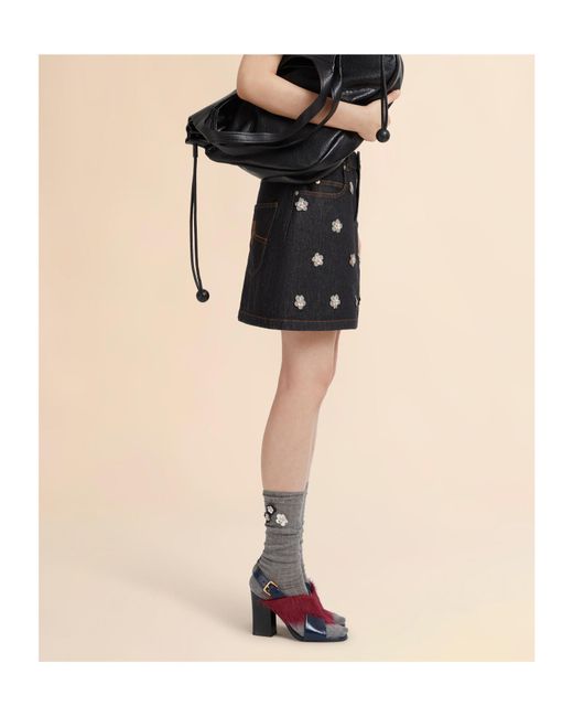 Marni Black Daisy Appliqué Denim Skirt