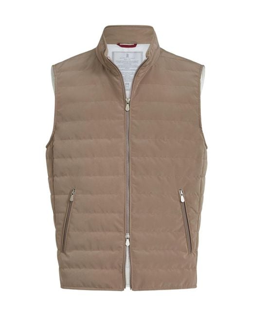 Brunello Cucinelli Brown Bonded Zip-Up Padded Vest for men