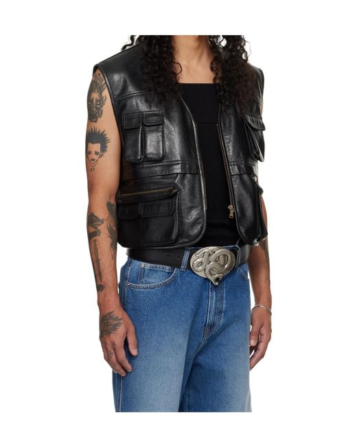 Lu'u Dan Black V-Neck Faux Leather Work Vest for men