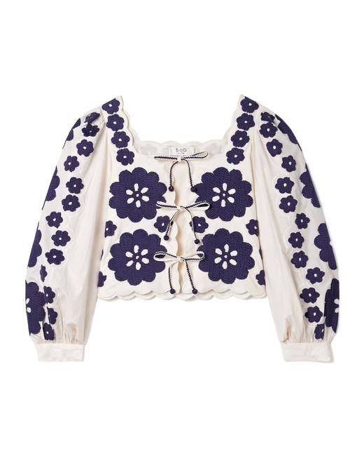 Sea Blue Catrine Tie-Front Scalloped Appliquéd Cotton-Voile Blouse