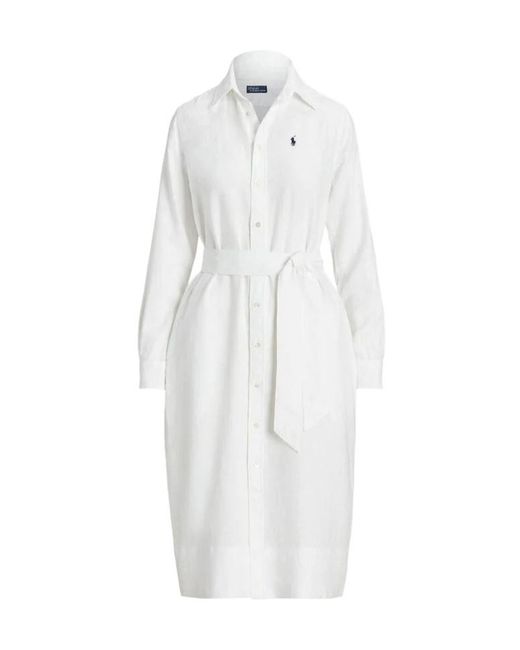 Polo Ralph Lauren White Pony Embroidered Tied-Waist Midi Shirt Dress