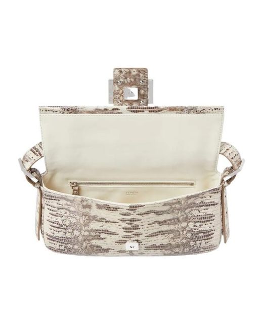 Fendi Metallic Baguette 26424 Parchment-Coloured Lizard-Leather Bag