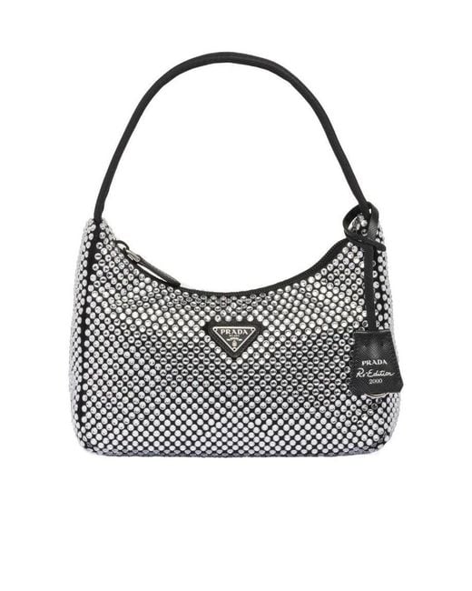 Prada Gray Re-Edition Mini Satin Bag With Crystals