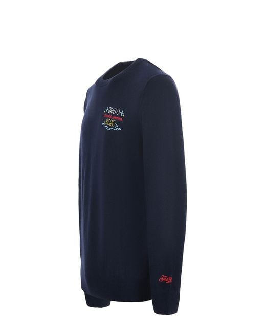 Mc2 Saint Barth Blue Embroidered Crewneck Sweater for men