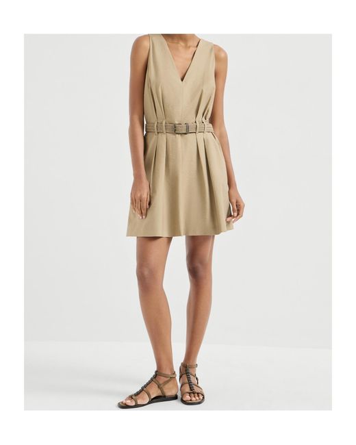 Brunello Cucinelli Natural Belted V-Neck Mini Dress